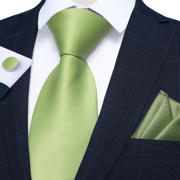 Pure Light Green Solid Silk Men's Necktie Pocket Square Cufflinks Set
