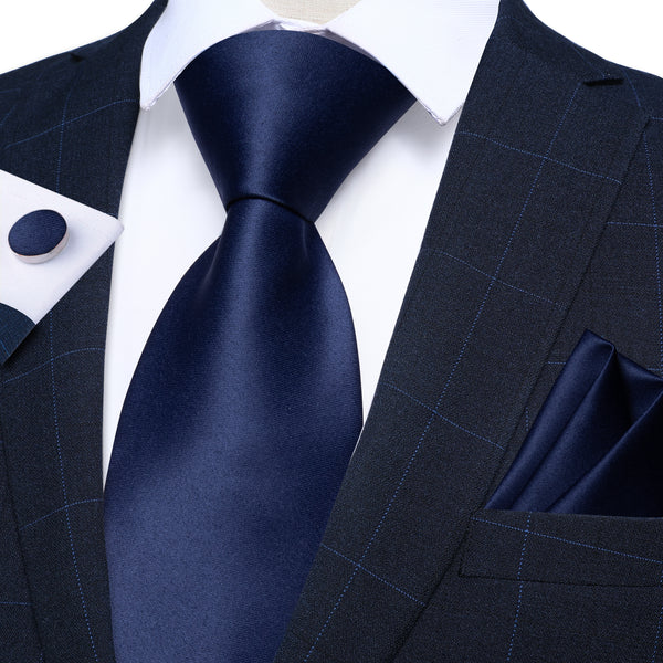Pure Dark Blue Solid Silk Men's Necktie Pocket Square Cufflinks Set