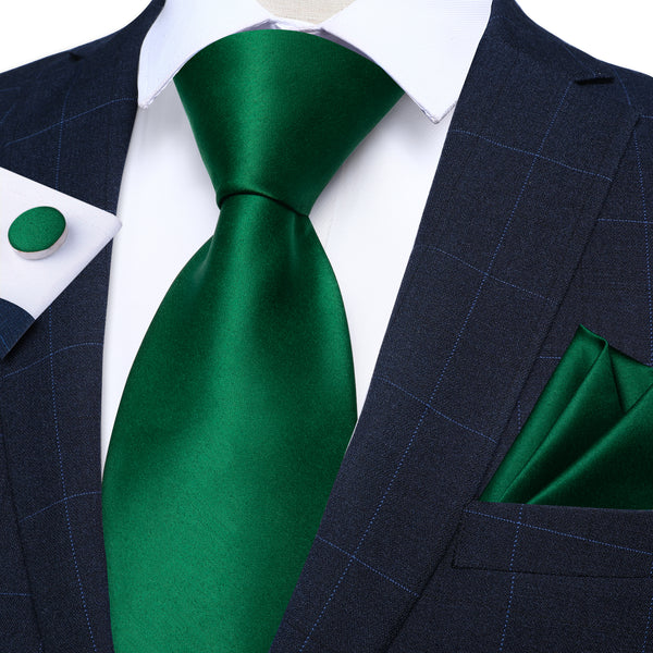 Pure Dark Green Solid Silk Men's Necktie Pocket Square Cufflinks Set