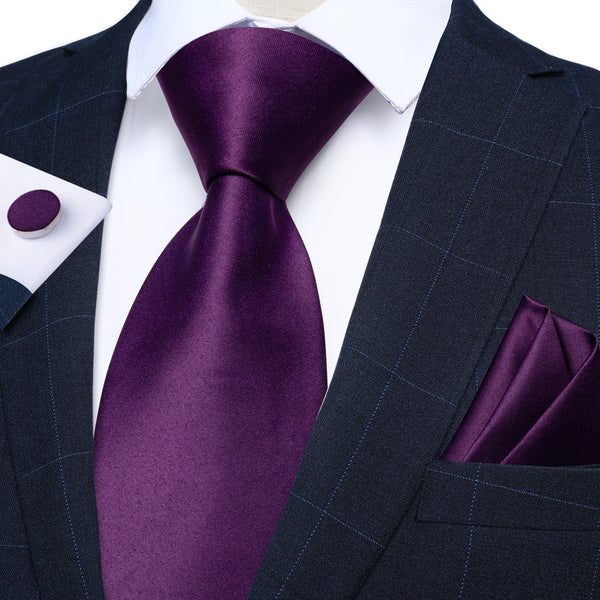 Pure Dark Purple Solid Silk Men's Necktie Pocket Square Cufflinks Set