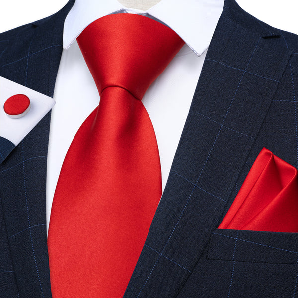 Pure Classic Red Solid Silk Men's Necktie Pocket Square Cufflinks Set