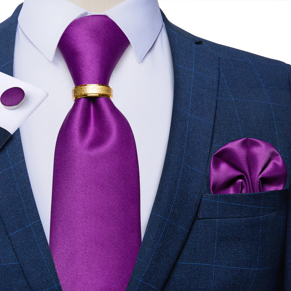 Purple Solid Tie Ring Pocket Square Cufflinks Set