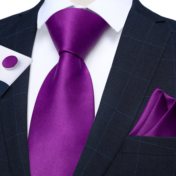 Pure Purple Solid Silk Men's Necktie Pocket Square Cufflinks Set