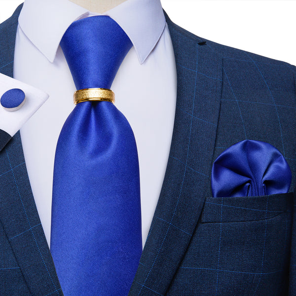 Royal Blue Solid Tie Ring Pocket Square Cufflinks Set