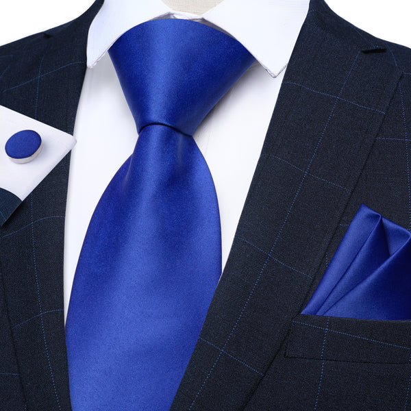 Pure Royal Blue Solid Silk Men's Necktie Pocket Square Cufflinks Set