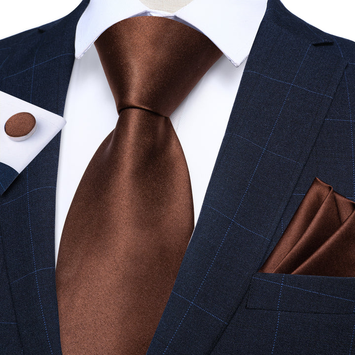 Mens Tie Pure Brown Solid Silk Necktie