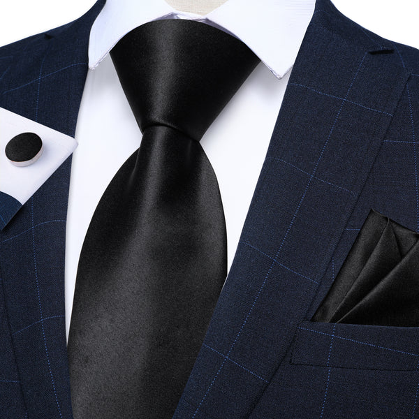 Pure Black Solid Silk Men's Necktie Pocket Square Cufflinks Set