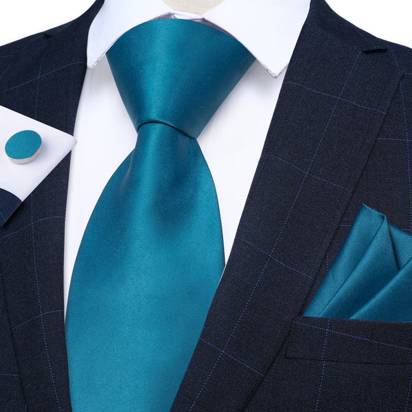 Pure Lake Blue Solid Silk Men's Necktie Pocket Square Cufflinks Set
