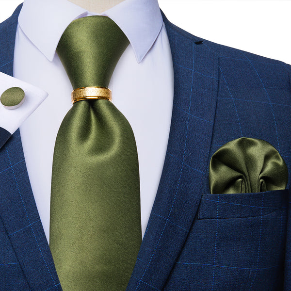 Olive Green Solid Tie Ring Pocket Square Cufflinks Set