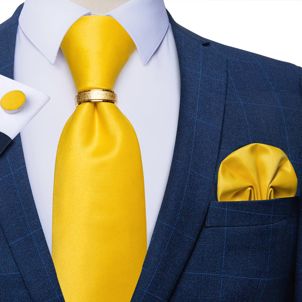 Yellow Solid Tie Ring Pocket Square Cufflinks Set
