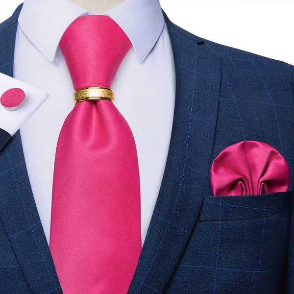 Rose Pink Solid Tie Ring Pocket Square Cufflinks Set