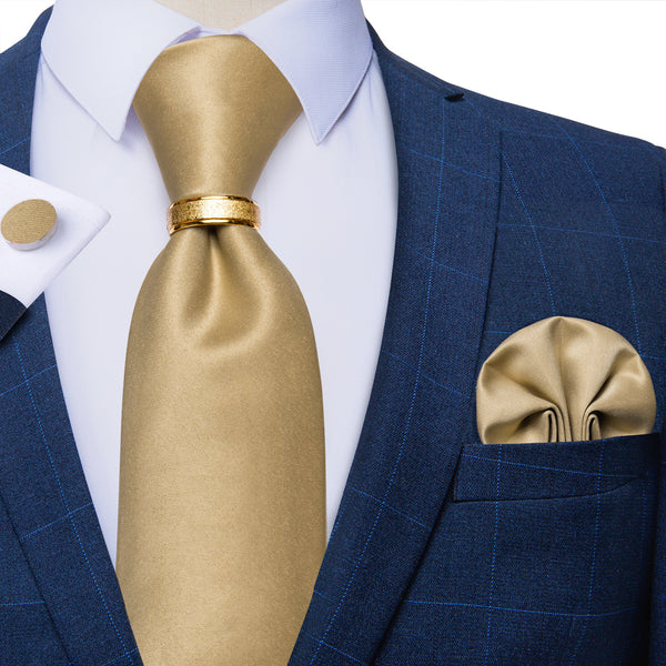 Champagne Solid Tie Ring Pocket Square Cufflinks Set