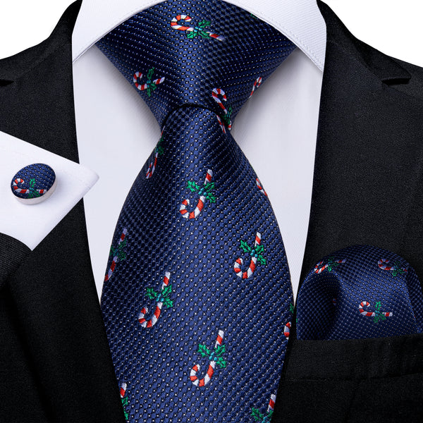 Christmas Blue Candy Canes Pattern Novelty Mens Necktie Hanky Cufflinks Set