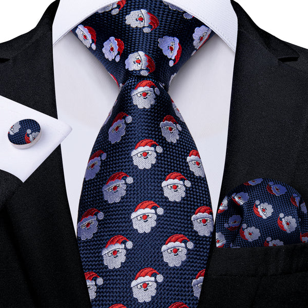 Christmas Blue Santa Claus Pattern Novelty Mens Necktie Hanky Cufflinks Set