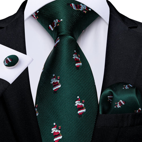 Christmas Green Santa Claus Pattern Novelty Mens Necktie Hanky Cufflinks Set