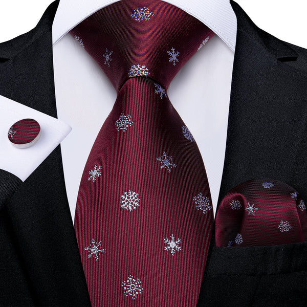 Christmas Burgundy Red Snowflake Pattern Novelty Mens Necktie Hanky Cufflinks Set