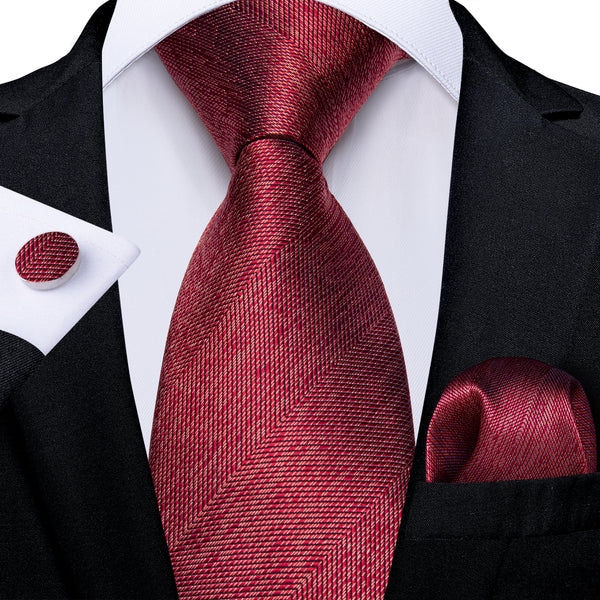Burgundy Red Weave Solid Men's Necktie Hanky Cufflinks Set