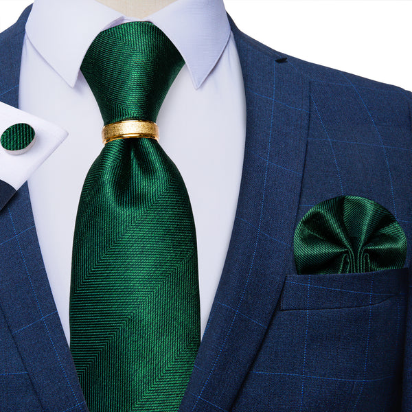 Emerald Green Knitting Solid Tie Ring Pocket Square Cufflinks Set