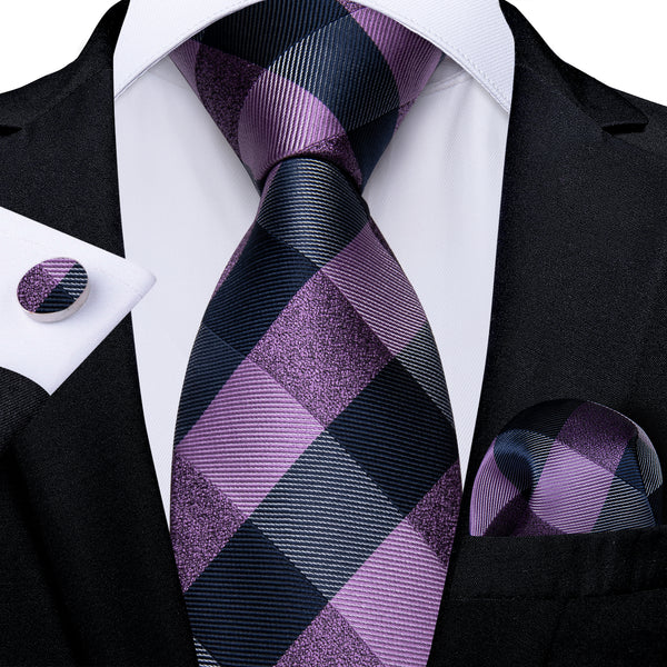 Purple Black Plaid Men's Necktie Hanky Cufflinks Set