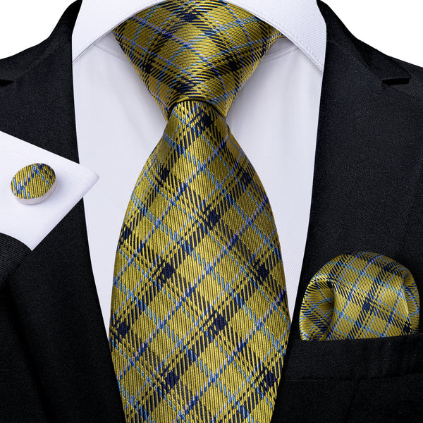 Classic Yellow Blue Plaid Men's Necktie Hanky Cufflinks Set