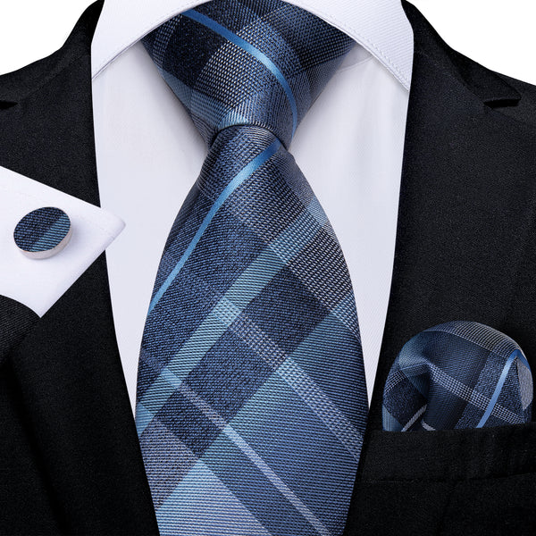 Dark Blue Plaid Men's Tie Set Tie Pocket Square Cufflinks Set