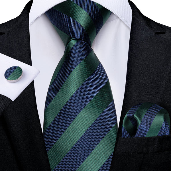Dark Blue Green Striped Men's Tie Set Tie Pocket Square Cufflinks Set