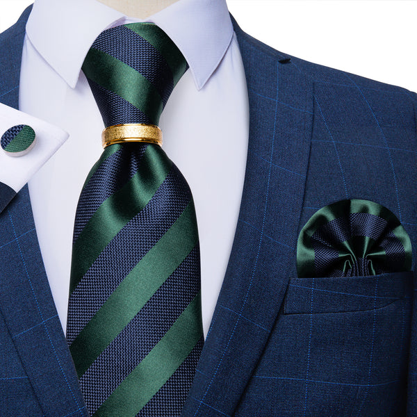 Green Blue Wide Striped Tie Ring Pocket Square Cufflinks Set