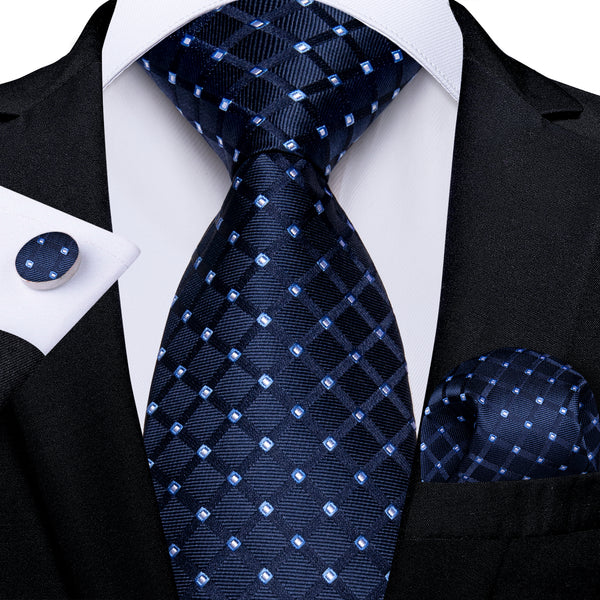 Dark Blue Plaid Men's Tie Set Tie Pocket Square Cufflinks Set