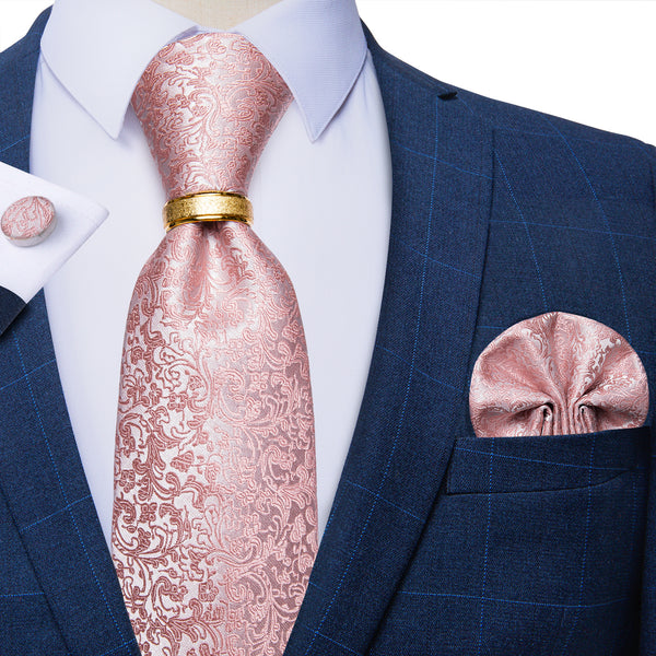 Pink White Floral Tie Ring Pocket Square Cufflinks Set
