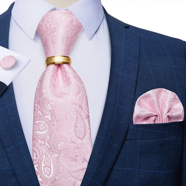 Light Pink Paisley Tie Ring Pocket Square Cufflinks Set