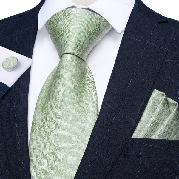 Light Green Paisley Silk Men's Necktie Pocket Square Cufflinks Set