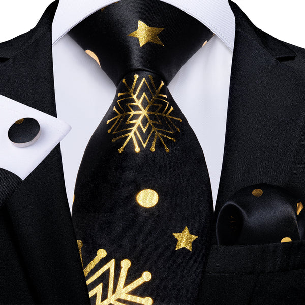 Christmas Black Golden Snow Star Novelty Men's Necktie Hanky Cufflinks Set