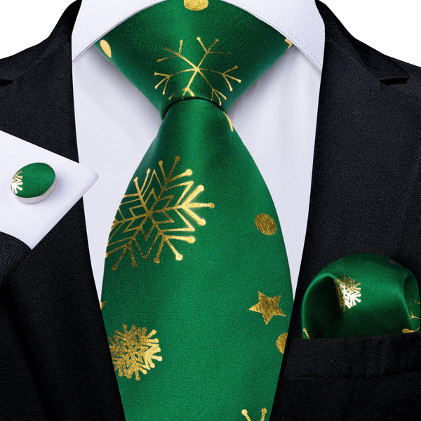 Christmas Green Golden Snow Star Novelty Men's Necktie Hanky Cufflinks Set