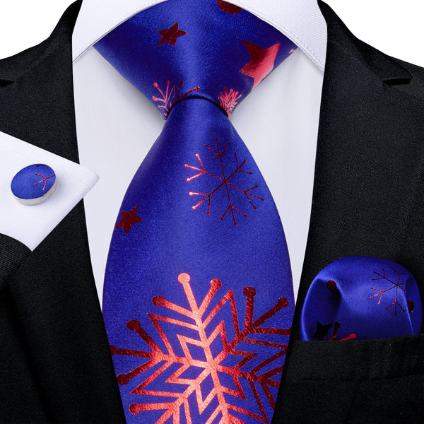 Christmas Blue Red Snow Star Novelty Men's Necktie Hanky Cufflinks Set