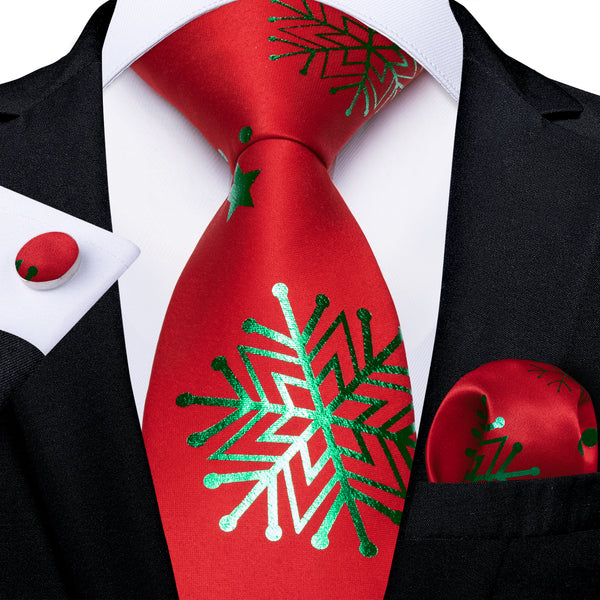 Christmas Red Green Snow Star Novelty Men's Necktie Hanky Cufflinks Set