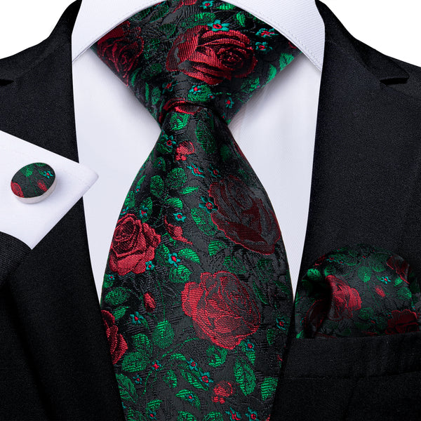 Blue Green Red Floral Necktie Pocket Square Cufflinks Set
