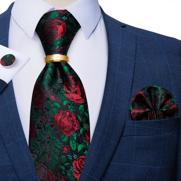 Red Green Floral Tie Ring Pocket Square Cufflinks Set