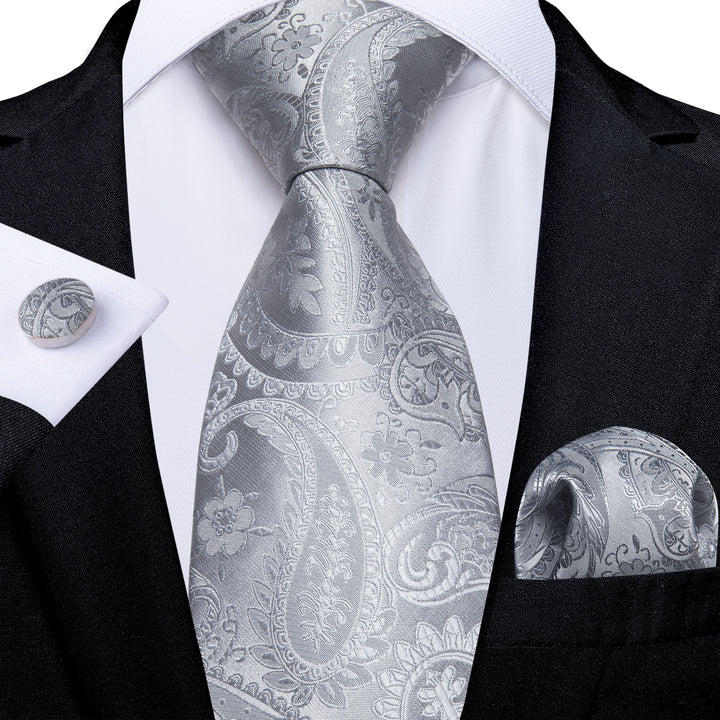 Silver Grey Paisley Mens Silk Dress Suit Tie Set