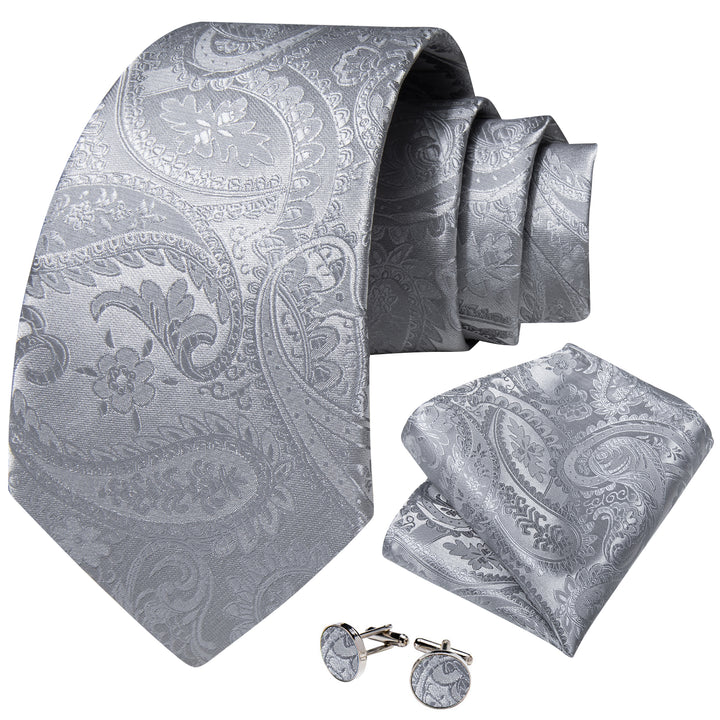 Silver Grey Paisley Mens Silk Dress Suit Tie Set