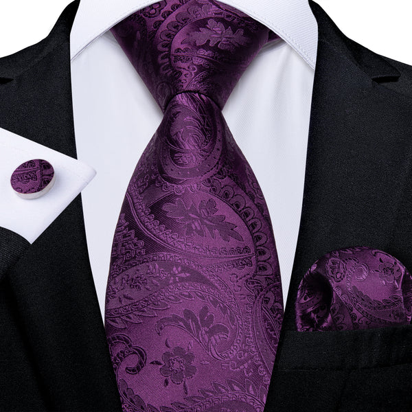 New Dark Purple Paisley Silk Men's Necktie Pocket Square Cufflinks Set