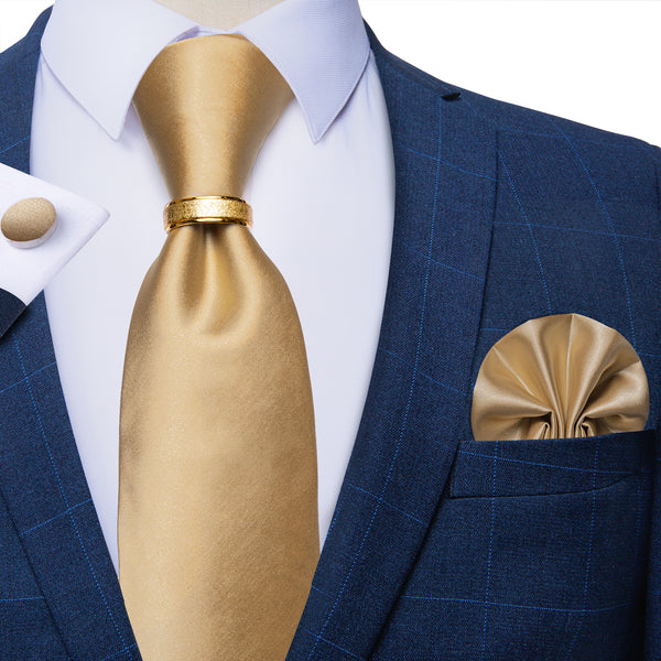 New Champagne Satin Solid Tie Ring Pocket Square Cufflinks Set