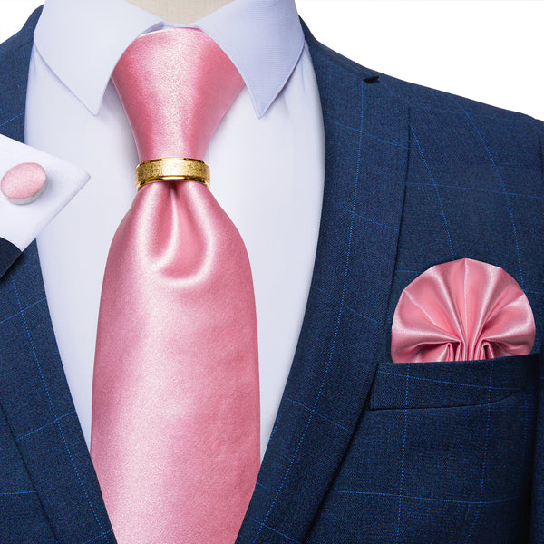 Spring Pink Satin Solid Tie Ring Pocket Square Cufflinks Set