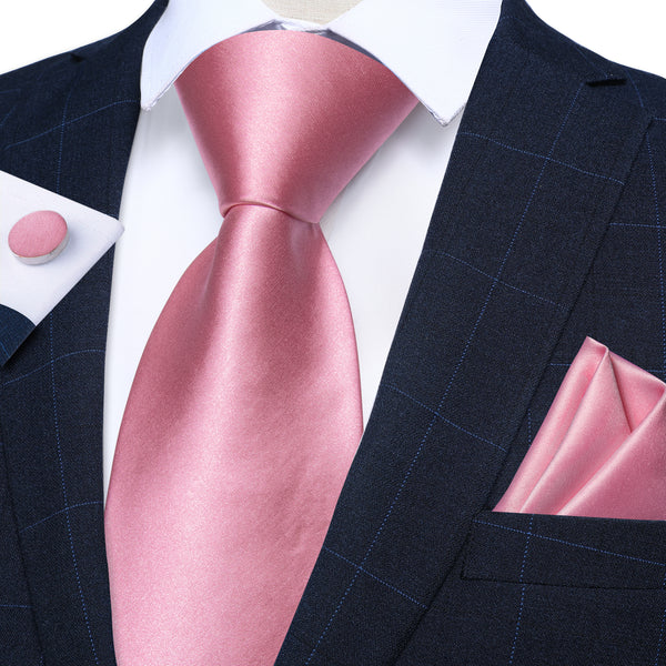 Baby Pink Pure Satin Solid Necktie Pocket Square Cufflinks Set