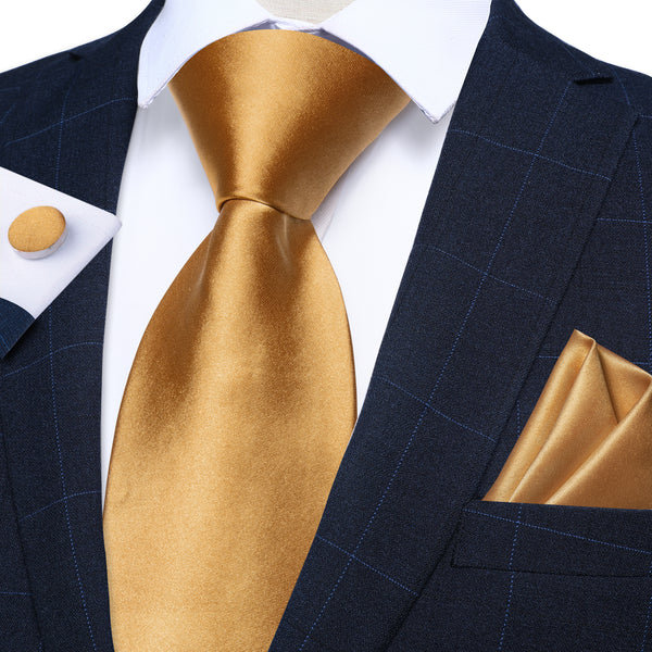 Golden Pure Satin Solid Necktie Pocket Square Cufflinks Set