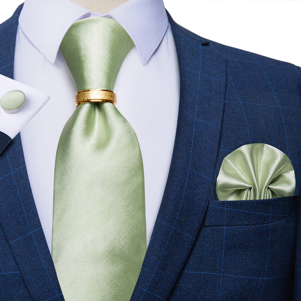 Mint Green Satin Solid Tie Ring Pocket Square Cufflinks Set