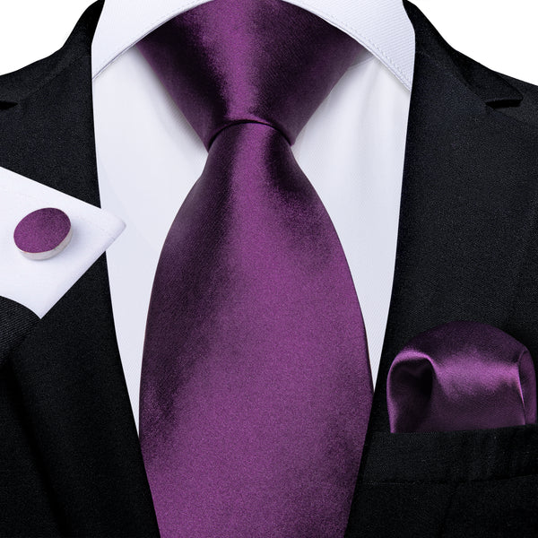 New Dark Purple Satin Solid Silk Men's Necktie Pocket Square Cufflinks Set