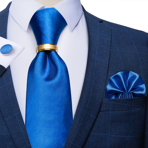 Royal Blue Satin Solid Tie Ring Pocket Square Cufflinks Set