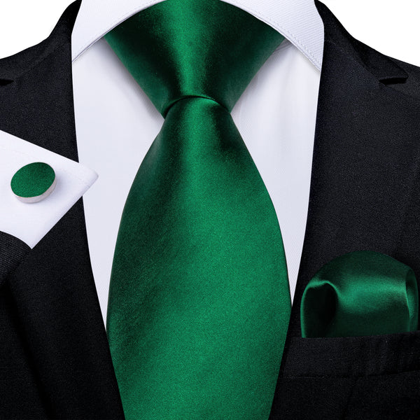 Dark Green Solid Satin Silk Men's Necktie Pocket Square Cufflinks Set