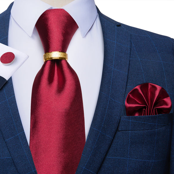 Classic Red Satin Solid Tie Ring Pocket Square Cufflinks Set