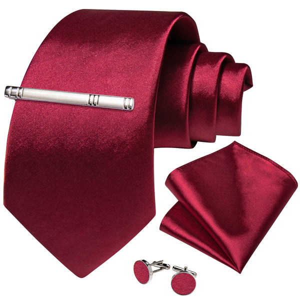 Classic Red Solid Silk Tie Pocket Square Cufflinks Set with Tie Clip